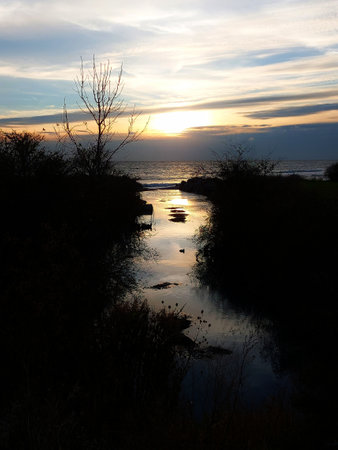 Ditch at the Baltic Sea coast in backlit shot.の写真素材