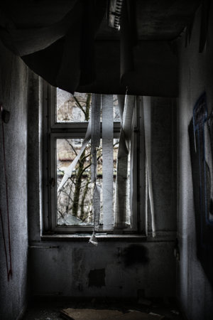 Dark shot of desolate room with debris and wallpaper falling off.の写真素材