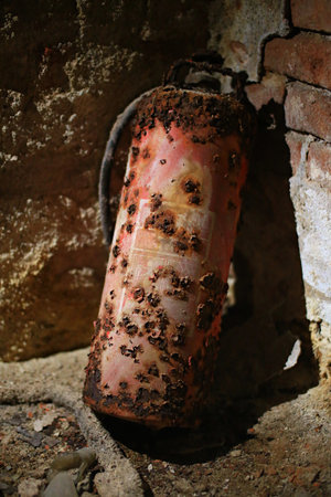 Severely rusted fire extinguisher in moist basement.の写真素材