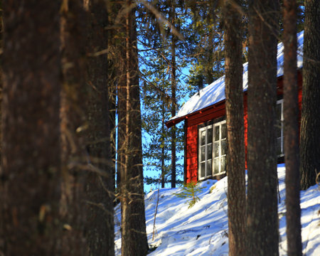 Red cabin in the woods in northern Sweden at wintertime.の写真素材