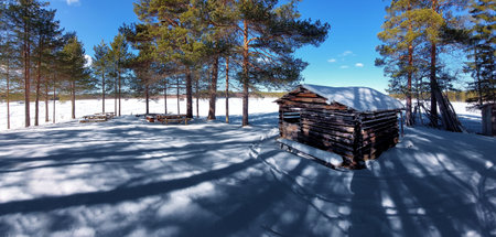 Simple shed at Svansele Dammangar (Svansele flowing water meadows) in winter.の写真素材
