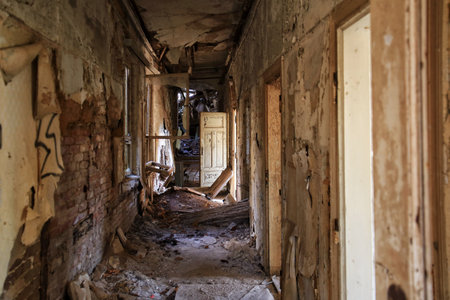 Desolate hallway with many doors full of debris.