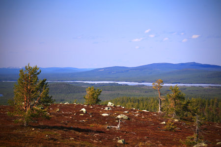 View on river near Arvidsjaur in northern Sweden.の写真素材