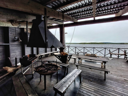 Barbeque place in at lakeside in northern Sweden.の写真素材