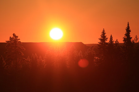 Beautiful orange shot of sunset in mountain and forest region.の写真素材