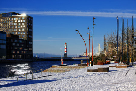 Modern buildings on sunny winter day at waterfront in Malmo in Sweden.の写真素材