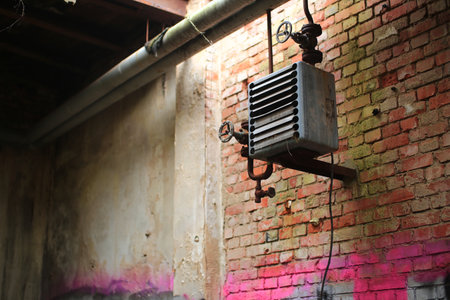Rusty heating system in an abandoned factory building.の写真素材