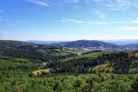 Mountain forest landscape in Thuringian forest stretching across rolling hills under a clear blue sky and sunlight.の写真素材