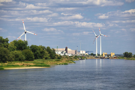 Wind turbines near river Elbe in Magdeburg, surrounded by trees and industrial structures under cloudy sky.の写真素材