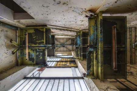 Industrial metal structure with peeling paint and geometric patterns in natural light - abandoned staircase.の写真素材