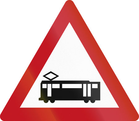 Road warning sign in Israel - tram ahead.の写真素材