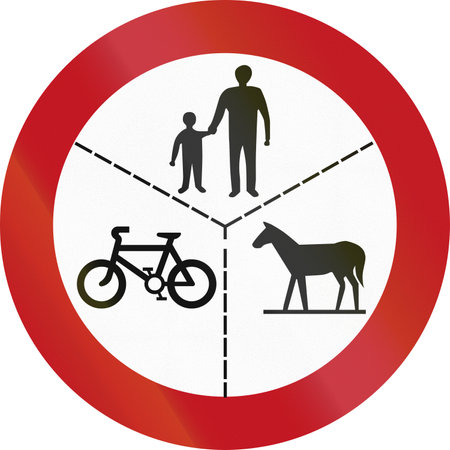 Road sign - No pedestrians, cyclists or riders allowed.の写真素材