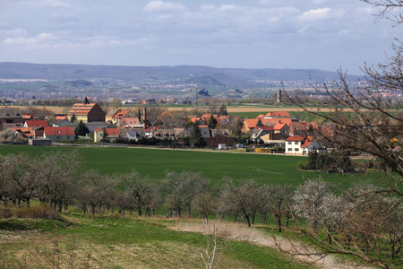 Village view to the town of Rieder in Germany across open green fields.の写真素材