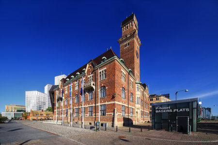 Red brick building World Maritime University and entrance to P-huset (parking garage) Bagers Plats...