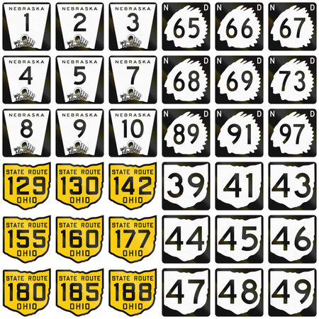Collection of route shields in different states of the US.の写真素材