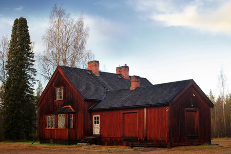 Abandoned red building in rural clearing surrounded by birch and pine trees.の写真素材
