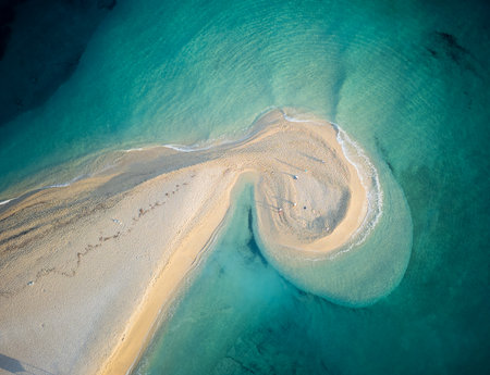 Aerial view of beautiful beach with turquoise water and white sandの写真素材