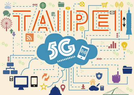 5G Flat vector illustration. big letters 5g and web icon in the smart city in taipei city