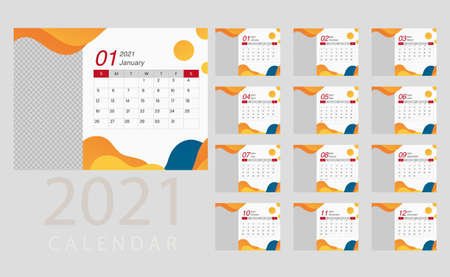 Overlapping forms design calendar Layout for 2021 years. Week starts from Sunday. Set of 12 months 2021 pages. Vector illustrationのイラスト素材