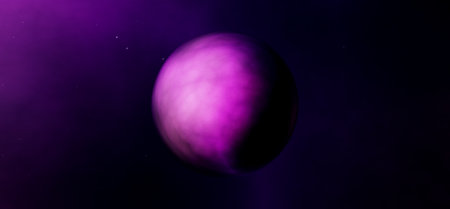 3D rendering of a purple planet, with Milkyway in the backgroundの写真素材