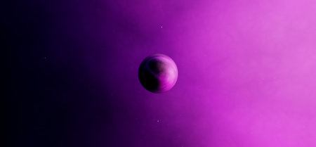 3D rendering of a purple planet, with Milkyway in the backgroundの写真素材