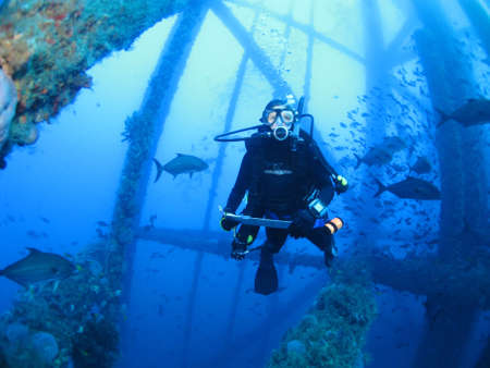 A diver amongst the fish in Flower Garden Banks National Marine Sanctuary.