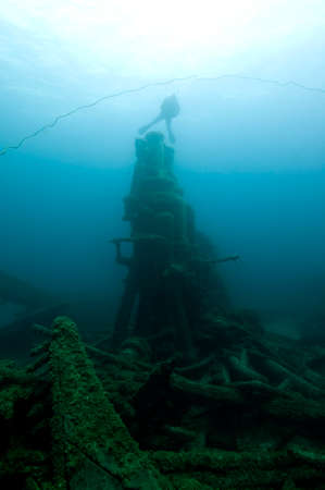 A diver explored the Montana shipwreck in Thunder Bay National Marine Sanctuaryの写真素材