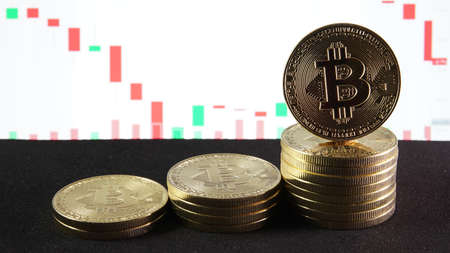 Investment success from bitcoin trading on stock background. conceptual image for investment of...