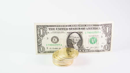 Background with Bitcoin cryptocurrency coins and US Dollar. Bitcoin cryptocurrency concept, Bitcoin BTC virtual money and US Dollar banknotes.の写真素材