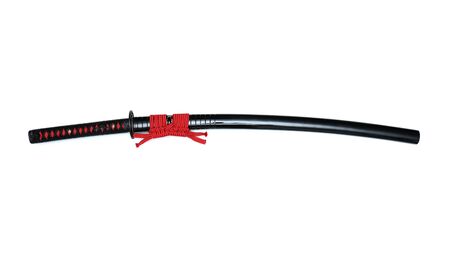 Japanese sword with red cord   steel fitting and  black scabbard on white backgroundの写真素材