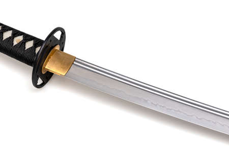Japanese sword blade (made in China) on white background. Soft focus.  The wavy pattern on the blade edge is a line of hardness that a blacksmith makes so that the blade doesn't break.の写真素材