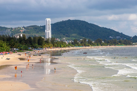 Phuket, THAILAND - May 22, 2023: high angle view of Patong beach It is a very famous beach and a place to visit in Phuket. which is full of many tourists throughout the year.You can walk around 24hr.のeditorial素材