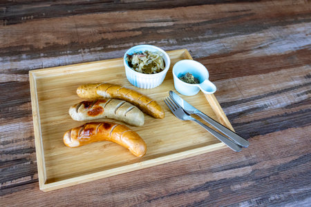 Photos of Grilled German Sausages with sauerkraut and dijon mustard in a small bowl with knife and fork Together in a rectangular wooden tray, on a wood grain table, there is a copy space on the right.の写真素材