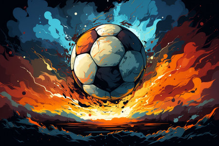 Illustration of a large soccer ball in the middle of the picture There was a huge explosion under the ball. The dark background is a smoky scene.の素材