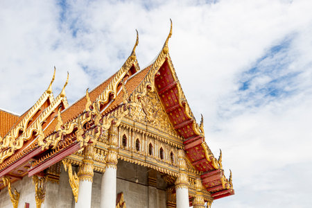 The marble temple roof or Wat Benchamabophit Dusitwanaram, Bangkok, Thailand is made entirely of marble. Decorated with colorful glazed tiles. It is intricately decorated with beautiful Thai patterns.の写真素材