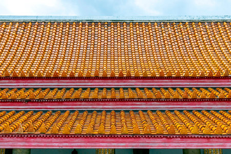 Beautiful tiled roof on top of the walkway in the Marble Temple or Wat Benchamabophit Dusitwanaram....