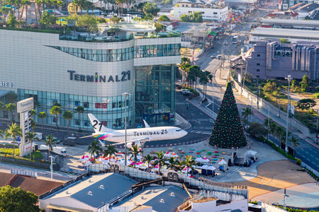 Chonburi, Thailand - 26 Oct. 2023; Morning aerial photography of the front yard of Terminal 21 Pattaya Department Store, a large shopping center located in the heart of Pattaya. No traffic congestion.のeditorial素材