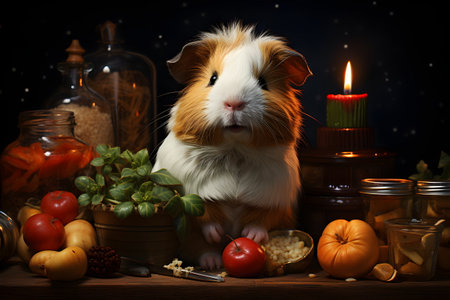 A cute brown-white guinea pig with fluffy fur was mischievously walking among the cooking ingredients in a dark corner of the kitchen. His eyes said that he was hungry please give me something to eat.の素材