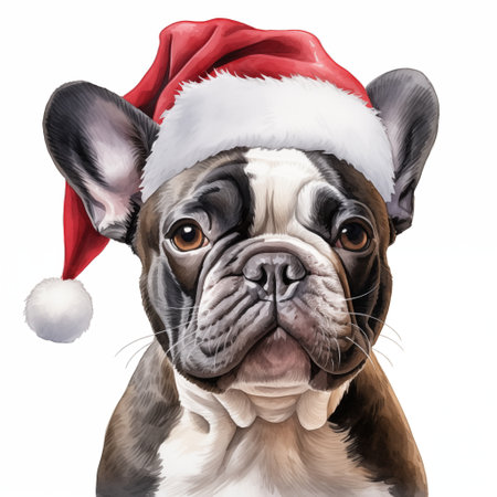 Watercolor painting of an adorable French Bulldog breed dog wearing a red Santa Claus hat on a white background. Perfect for making Christmas cards for dog lovers. Christmas illustration.の素材