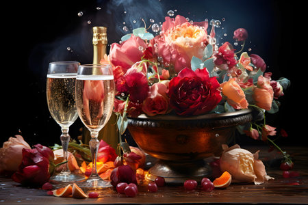 Items on a table. There are large bowls of brightly colored, beautiful flowers and the splash of champagne looks refreshing and already poured 2 glasses ready to celebrate and the festivities began.の素材