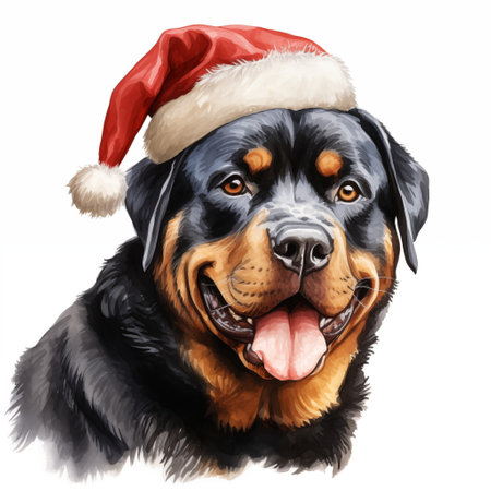 Watercolor painting of an adorable Rottweiler breed dog wearing a red Santa Claus hat on a white background. Perfect for making Christmas cards for dog lovers. Christmas illustration.の素材