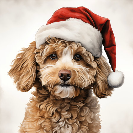 Watercolor painting of an adorable Poodle breed dog wearing a red Santa Claus hat on a white background. Perfect for making Christmas cards for dog lovers. Christmas illustration.の素材
