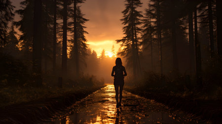 A woman is running on a forest road after rain. There is some water on the road. While the sun is rising It conveys the idea that life is full of challenges and change. But we can always get pass it.の素材