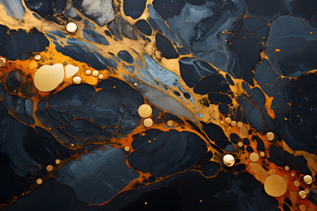 Black and gold marble texture with waves and bubbles. The marble surface is shiny and reflective. It creates a feeling of luxury and elegance. These patterns are realistic and lively.の素材