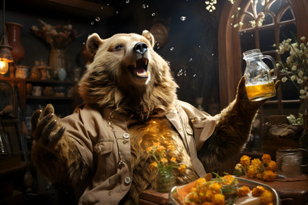 A large furry brown bear was sitting in a bar drinking a drink. Whether you consider it honey or beer is up to the viewer's imagination. Some people like to complain that it's like a bear eating honeyの素材