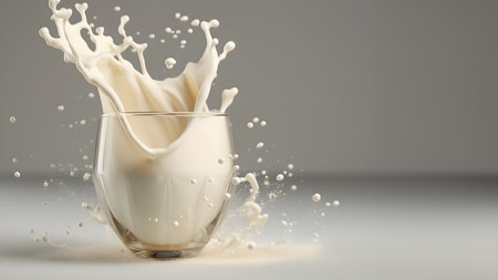 Milk or yogurt splashes beautifully like a work of art in a clear glass container on plain background There is enough light. Suitable for use in advertising about milk whether it's food or cosmetics.の素材