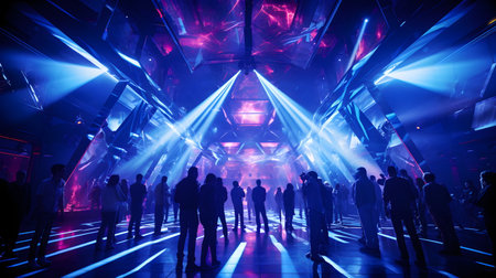 The neon lights of a Cyberpunk nightclub dance in the dark rythmic. Alien Light Distortion Glow paints the floor with electric movement. A sensory symphony where technology and humans come together.の素材