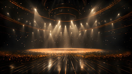 The empty performance stage had lights shining all over it. Most of the light was golden. Contrast with completely black background. The lights like beams creates exciting and impressive atmosphere.の素材
