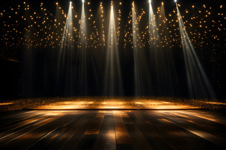 The empty performance stage had lights shining all over it. Most of the light was golden. Contrast with completely black background. The lights like beams creates exciting and impressive atmosphere.の素材