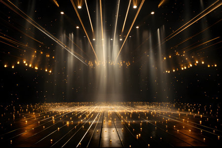 The empty performance stage had lights shining all over it. Most of the light was golden. Contrast with completely black background. The lights like beams creates exciting and impressive atmosphere.の素材